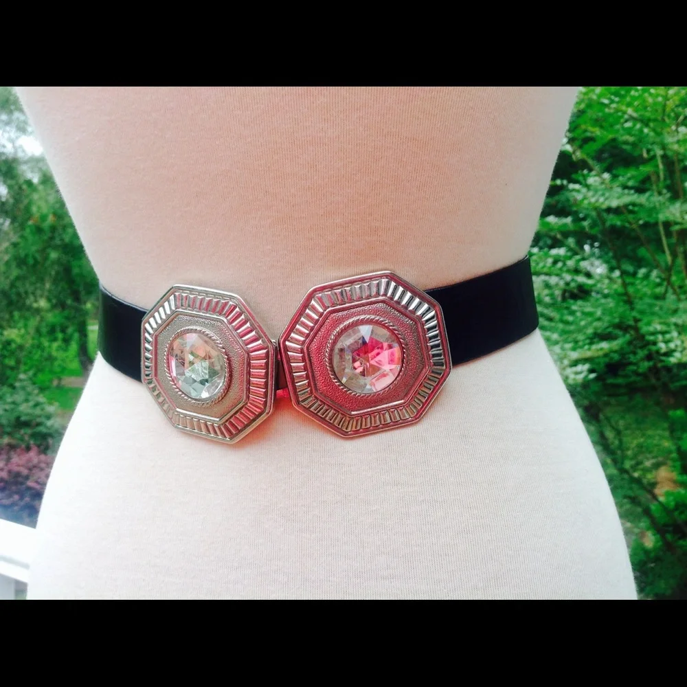 1990's Black Belt Leather Silver Crystal Buckle